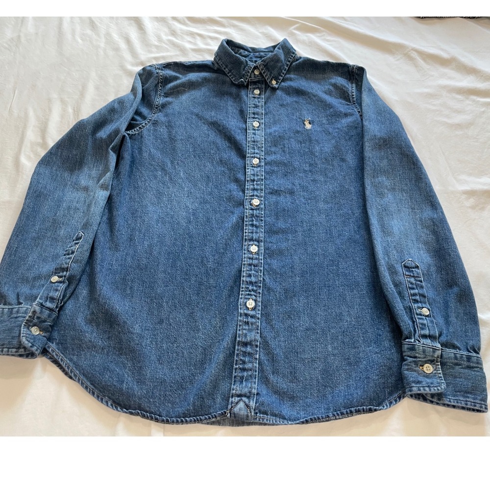 Ralph Lauren Kids Blue Denim Button Down Shirt Custom Fit Large L Long Sleeve